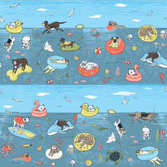 Dogs sea summer relax swimming pool vector seamless pattern.