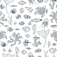 Seamless vector line pattern with sea animals, fish in cartoon style.
