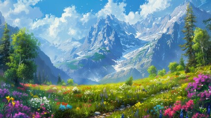 Majestic Mountain Meadow with Vibrant Wildflowers.