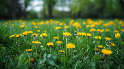 Obraz premium Dandelions in a Field of Green.