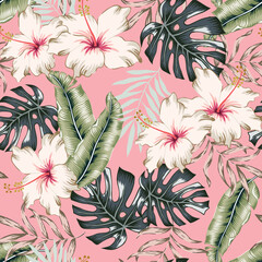 Tropical hibiscus flowers, monstera, banana palm leaves, pink background. Vector seamless pattern. Jungle foliage illustration. Exotic plants. Summer beach floral design. Paradise nature © ojardin