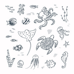 Set of hand drawn line vector illustrations of sea animals in cartoon style.