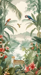 Fotobehang Enchanting Jungle Oasis with Pastel Parrots and Cheetahs. Panoramic Rainforest Scene with Vibrant Flora and Distant Peaks © Nika