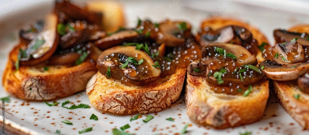 Poster Selective focus on mushrooms topping bruschetta with homemade mushroom caviar providing a perfect copy space image