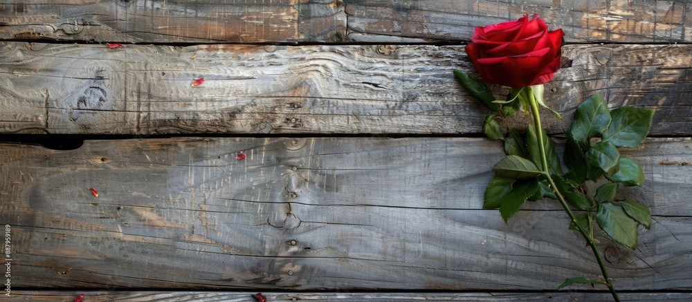 Poster Red rose set against a rustic backdrop of weathered wooden planks creates a charming visual with a copy space image