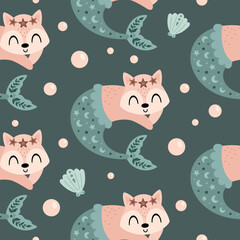 Mermaid seamless pattern in flat style. Sea digital paper. Ocean scrapbooking paper, background, print. Hand drawn vector pattern