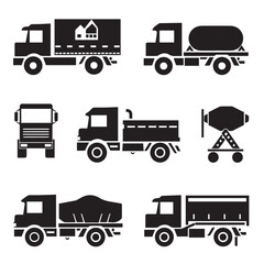 Design very stylish black pictograms that represent truck items icon set.flat. Simple. White background