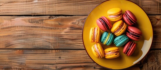 Colorful macarons displayed on a yellow plate atop a wooden table with ample copy space for customization