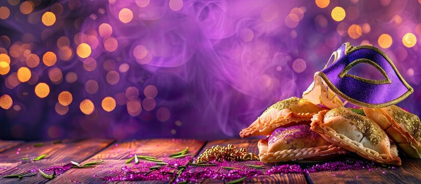 Purim celebration depicted with hamantaschen cookies and carnival mask on wooden table against a violet purple backdrop ideal for a copy space image - Powered by Adobe