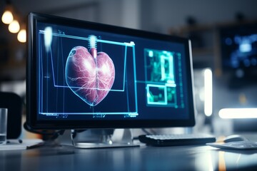 3d heart model displayed on blue monitor screen in modern medical clinic setting.