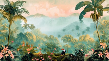 Enchanting Rainforest Panorama with Pastel Wildlife and Lush Flora