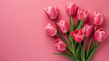 Beautiful composition spring flowers. Bouquet of pink tulips flowers on pastel pink background. Valentine's Day, Easter, Birthday, Happy Women's Day, Mother's Day. Flat lay, top view, copy space