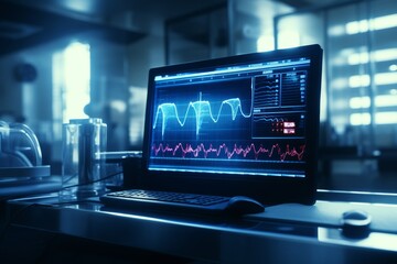 Neon blue glowing line on lab monitor, waveform display in scientific experiment setting.