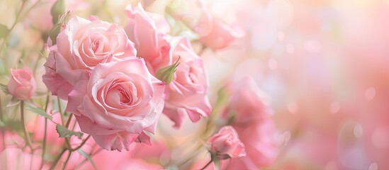 Fototapeta premium Soft pastel background with pink roses ideal for a copy space image