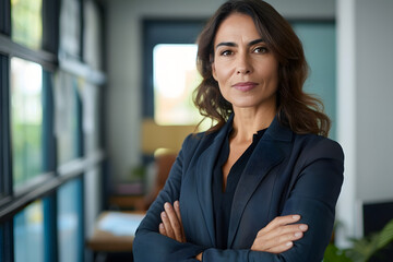 a confident Latin middle-aged businesswoman stands in her office with her arms crossed, looking directly at the camera for a portrait