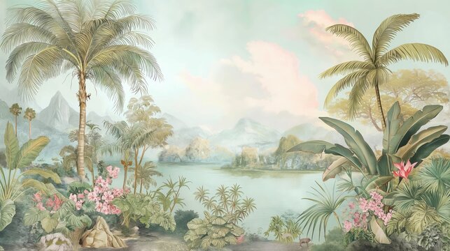 Enchanting Jungle Wallpaper Elegant Macaws and Playful Porcupines Amid Soft Pastel Palm Trees and Exotic Flowers. Serene Rainforest Scene with Distant Peaks in Sublime Vintage Aesthetic.