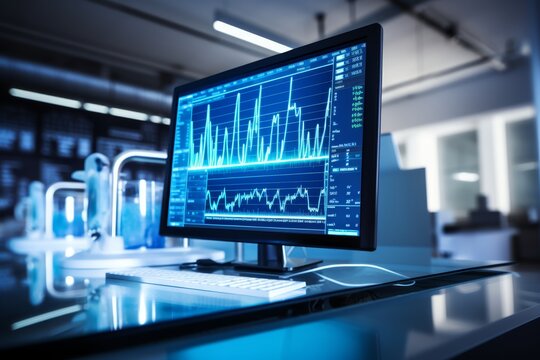 Blue glowing neon line of chart, electrocardiogram, waveform on screen of monitor at laboratory.