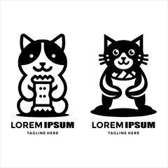 cat mascot logo design holding a snack in black and white