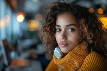 Fototapeta premium A young woman with curly hair wears a cozy yellow scarf and headphones, sitting in a modern café with a thoughtful expression, exuding warmth and contemplation.