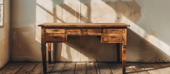 A vintage desk made of wooden material with a sturdy frame suitable for an antique office setup featuring an empty space ideal for inserting an image. Copy space image