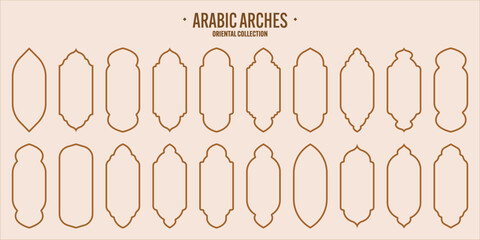 Islamic frames, oriental style objects. Arabic shapes, windows and arches. Traditional ornamental banner, frame. Muslim holidays, Ramadan Kareem. Modern eastern architecture. Vector illustration