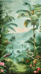 Obraz premium Panoramic Vintage Jungle with Vibrant Peacocks and Majestic Bison. Enchanting Rainforest Scene with Towering Palms and Pastel Hues.