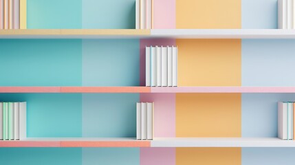 A vibrant, modern library scene with colorful paperbacks and hardcovers neatly arranged on sleek, minimalist shelves