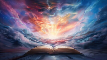 A vibrant painting of a magical tome floating above an altar, with scenes from a fantastical saga emerging in ghostly images from its open pages