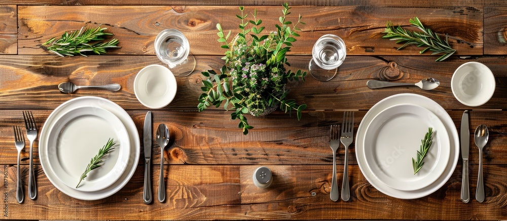 Wall mural Flat lay of an elegant table setting on a wooden background with room for additional text in the image