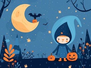 Fototapeta premium Quirky Percut Character in Flat Halloween Costume by Carved Pumpkin in Moonlight