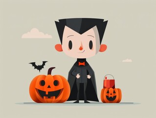 Fototapeta premium Enchanting Vampire Character with Jack-o'-Lantern in Halloween Flat Design Scene