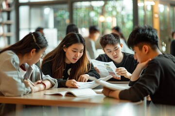 Community Learning: diverse students collaborating on language exercises and group activities, at minimalist classroom or library with natural lighting