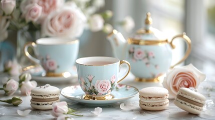 Bright background, vintage porcelain tea set, floral painted teacups and saucers, ornate gold-rimmed teapot, pastel roses, delicate macarons, assorted pastries, elegant afternoon tea.
