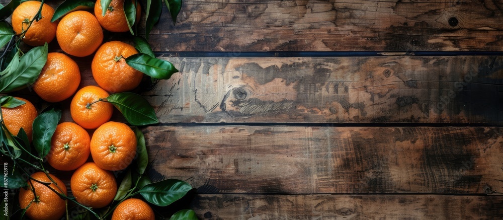 Canvas Prints Ripe mandarins with leaves arranged on a rustic wooden table with space for additional images