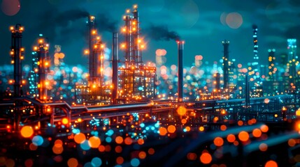 Fototapeta premium A brightly lit industrial complex at night, with tall smokestacks and glowing lights.