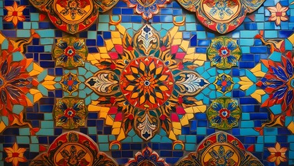 Vibrant Mosaic Tilework with Traditional Floral Patterns Abstract Background
