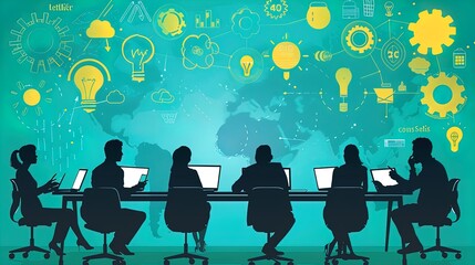 Creative Brainstorming Session with Silhouettes and Innovative Technology Icons
