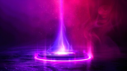 Fototapeta premium Abstract purple and pink glowing light beam with ring on dark background.