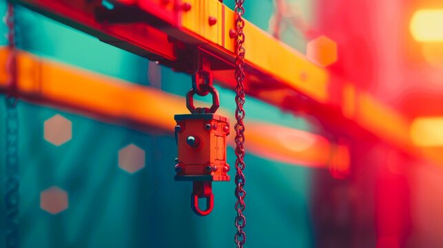 Close-up of a rusty chain and hook hanging from a metal beam, with a blurred background of vibrant colors.