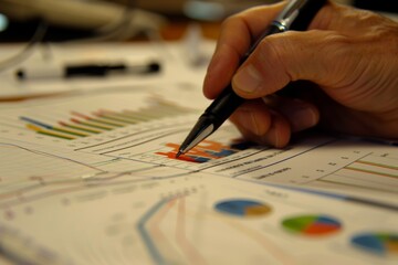 financial risk analysis - person analyzing financial data and charts, at office desk, pen on infographic papers,  analytical aspect of risk evaluation in decision-making