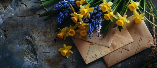 Top view of a holiday card featuring a charming bouquet of daffodils and muscari on vintage paper with a postage envelope Background with copy space image