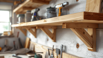 Organized workshop with tools on wooden shelves.