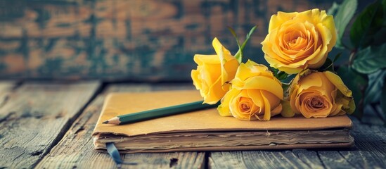 Vintage themed arrangement featuring yellow roses a notebook and a pencil set against an old wooden backdrop with free copy space for your image