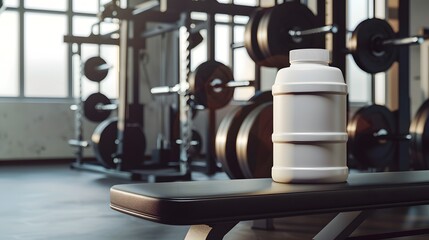 Fototapeta premium Blank Label Protein Powder: A large protein powder container with no label on a gym bench. 