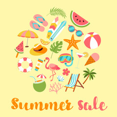 A colorful poster with various beach and summer items, including a flamingo, a surfboard, a beach umbrella, and a watermelon