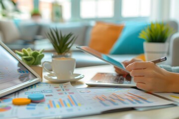 financial planning reviewing mortgage documents, charts on tablet or laptop, soft pastel colors and minimalist furnishings, importance of financial planning in the buying real estate process