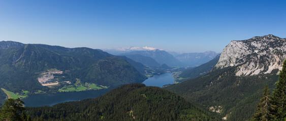 Alps mountain lake Grundlsee with village in valley. Travel lifestyle copy space background, Austria landscape