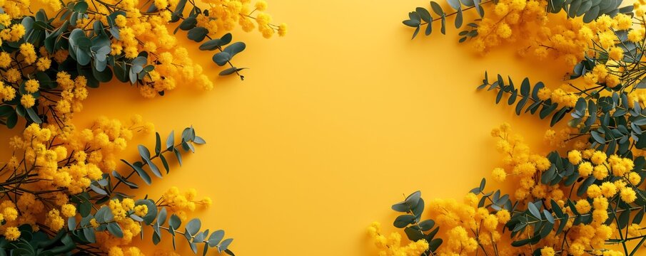 Frame made from mimosa flowers on yellow background. Spring and summer concept. Template for greeting card, banner, poster for Easter, Women's Day, Mother's Day. Flat lay, top view with copy space
