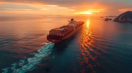 Obraz premium Aerial view from drone, Container ship or cargo shipping business logistic import and export freight transportation by container ship in the open sea, freight ship boat is horizontal AI