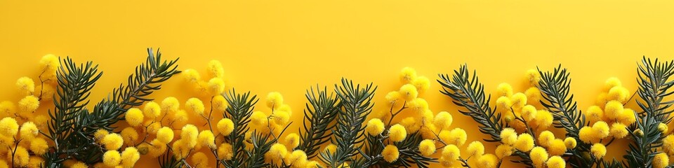 Fototapeta premium Frame made from mimosa flowers on yellow background. Spring and summer concept. Template for greeting card, banner, poster for Easter, Women's Day, Mother's Day. Flat lay, top view with copy space